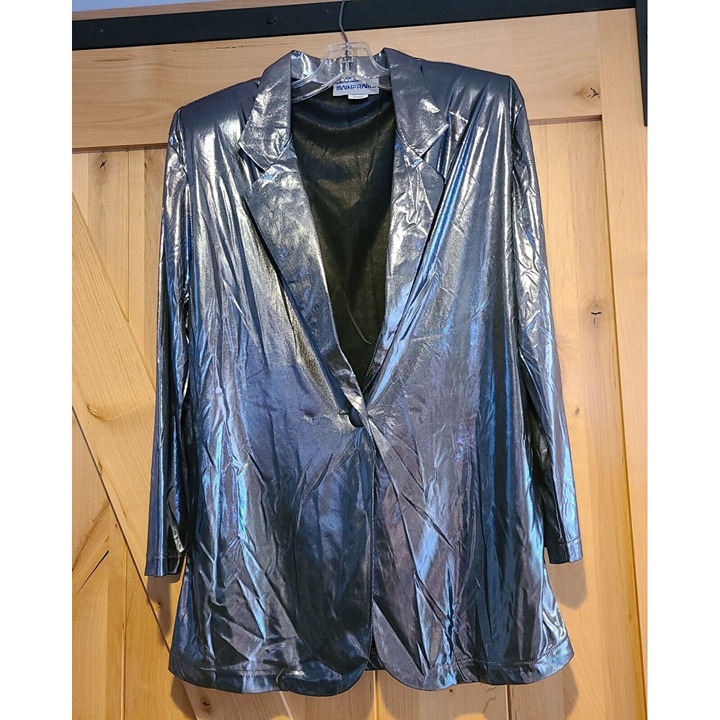 Vintage Silver Blue Blazer Womens M Shiny Liquid Metallic Jacket Maineframe USA