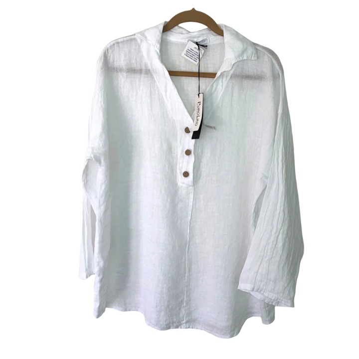 PuroLino Pullover Top Womens Size Large L Linen Button Up Made In Italy NWT New