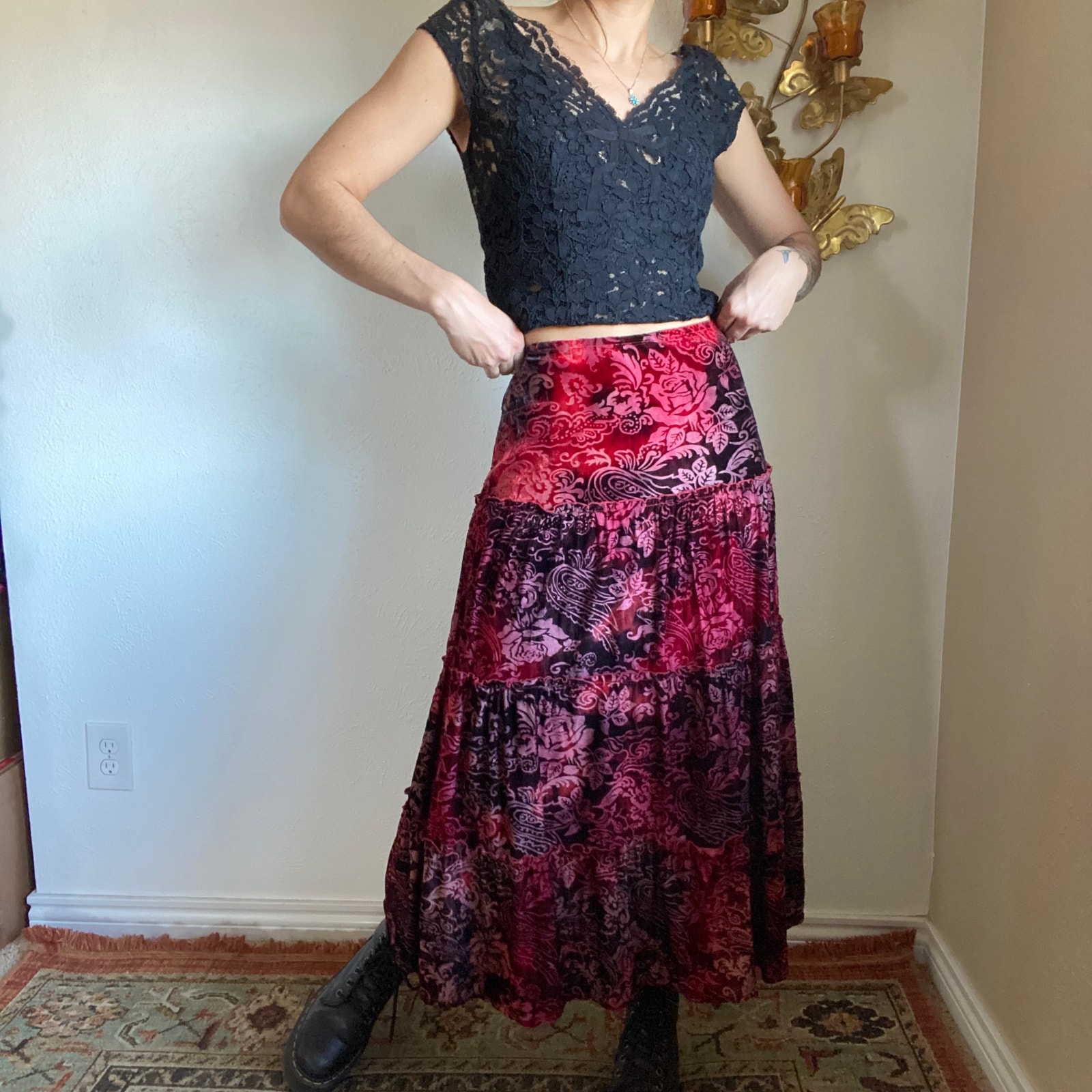 y2k velvet burnout midi skirt