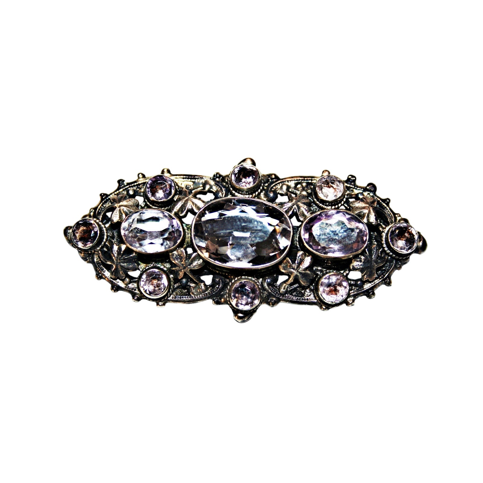 Antique Zoltan White Co. Amethyst and Topaz Sterling Silver Brooch