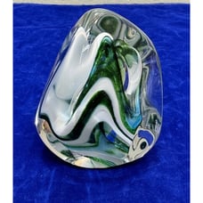 Signed Spencer Art Glass Paperweight / Green Nebulous Free Form / Paperweight