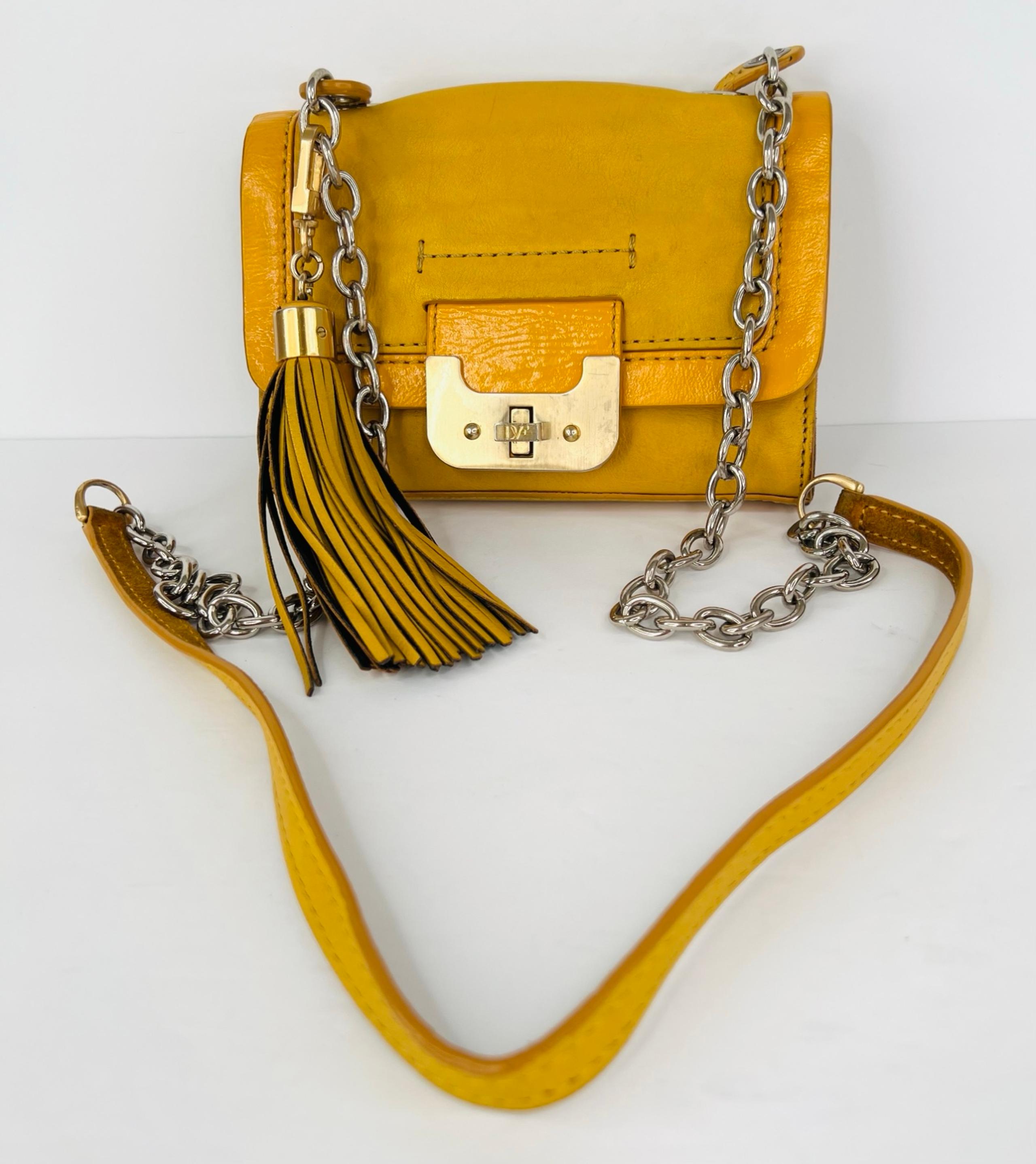 DVF Diane Von Furstenberg Mini Harper Yellow Leather Chain Crossbody Logo Bag