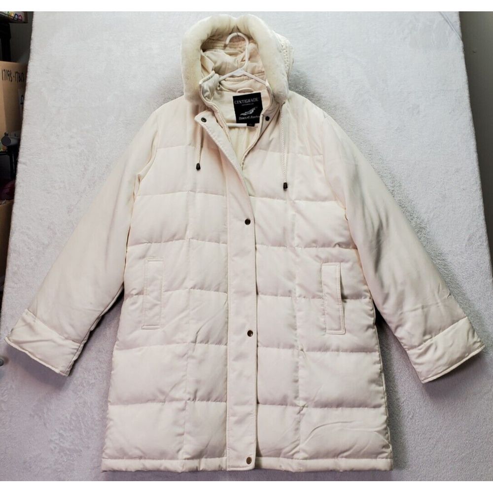 Centigrade Down & Feather Puffer Coat Women Large Cream Hood Snap Front Full Zip