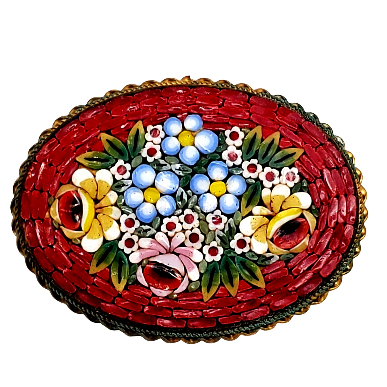Vintage Micro Mosaic Brooch Red Flowers Italian Jewelry Oval Pin Bouquet
