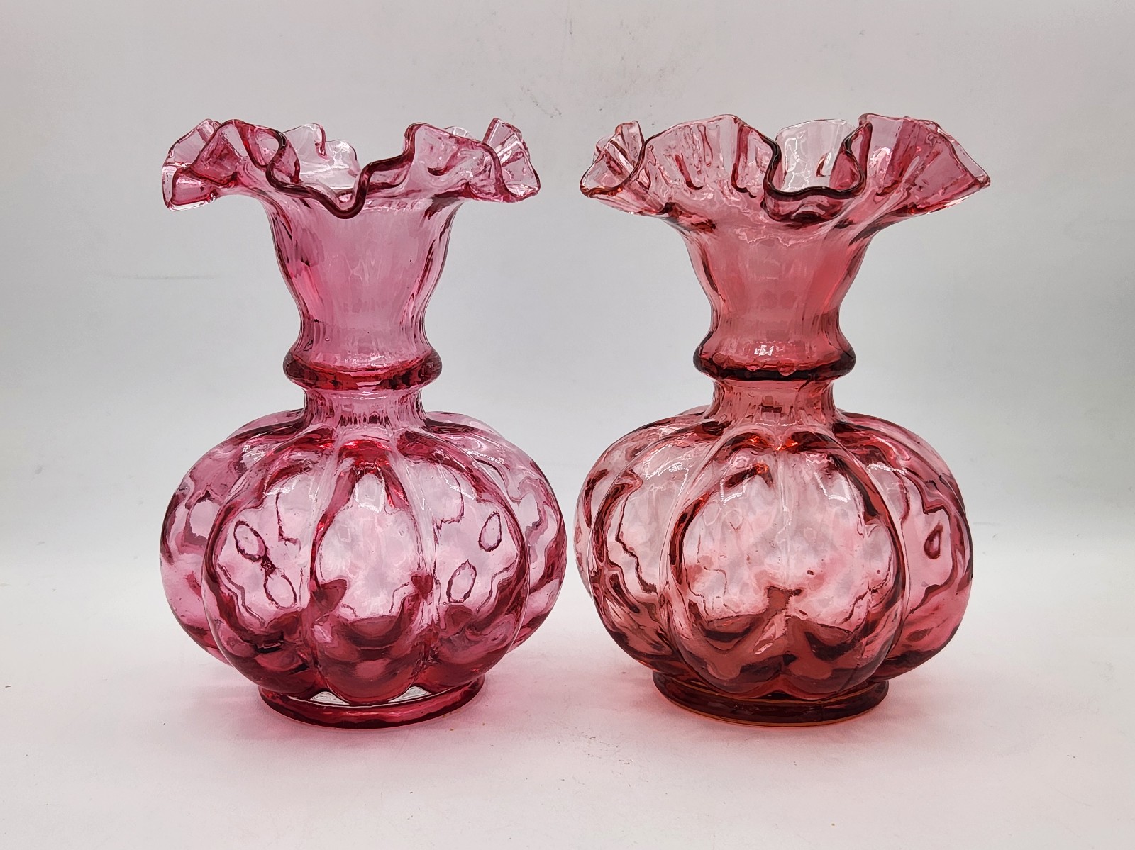 VTG Set Of 2 FENTON Cranberry Glass Melon Vase Ruffled Edge 6 Diamond Pattern
