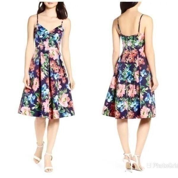 ELIZA J Fit & Flare Cocktail Dress Spaghetti Strap Floral Print Blue Size 8 New
