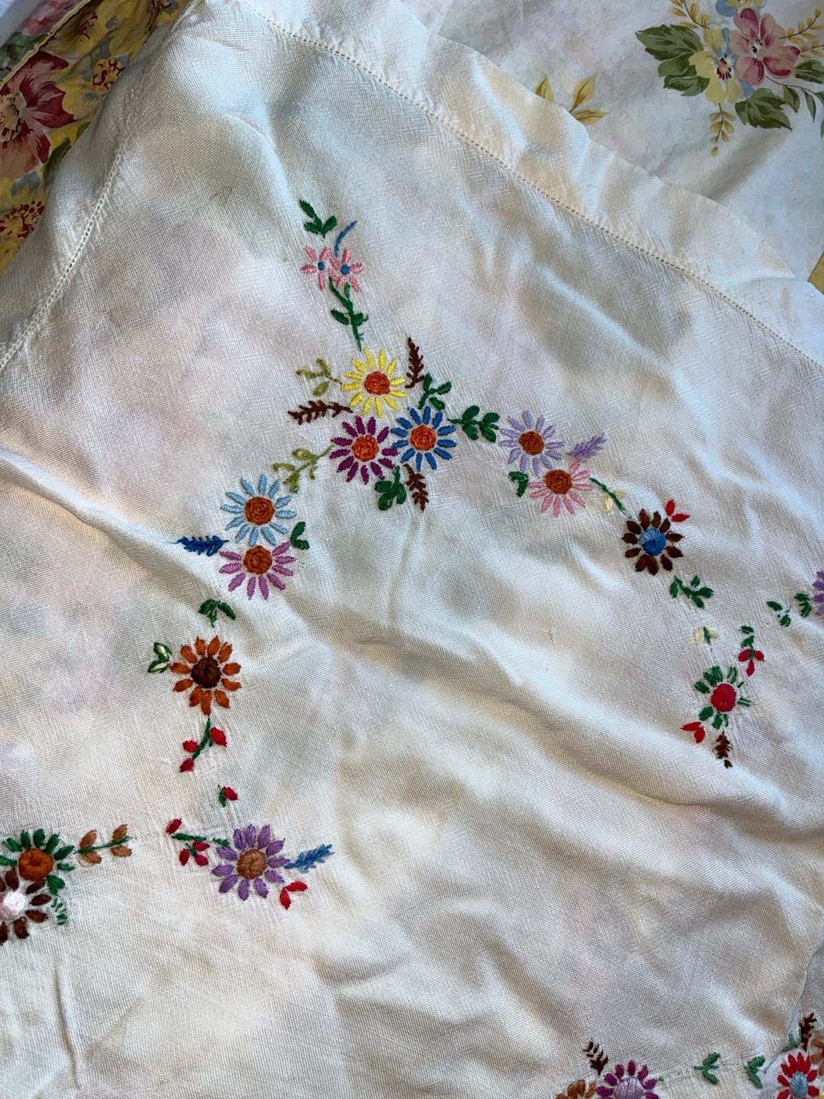 Vintage hand embroidered small tablecloth floral