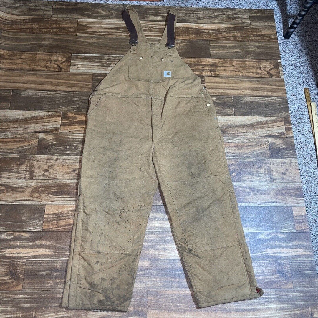 Vtg 50x30 Carhartt 6FBQZ Double Knee Duck Canvas Bib Overalls Quilted USA Made