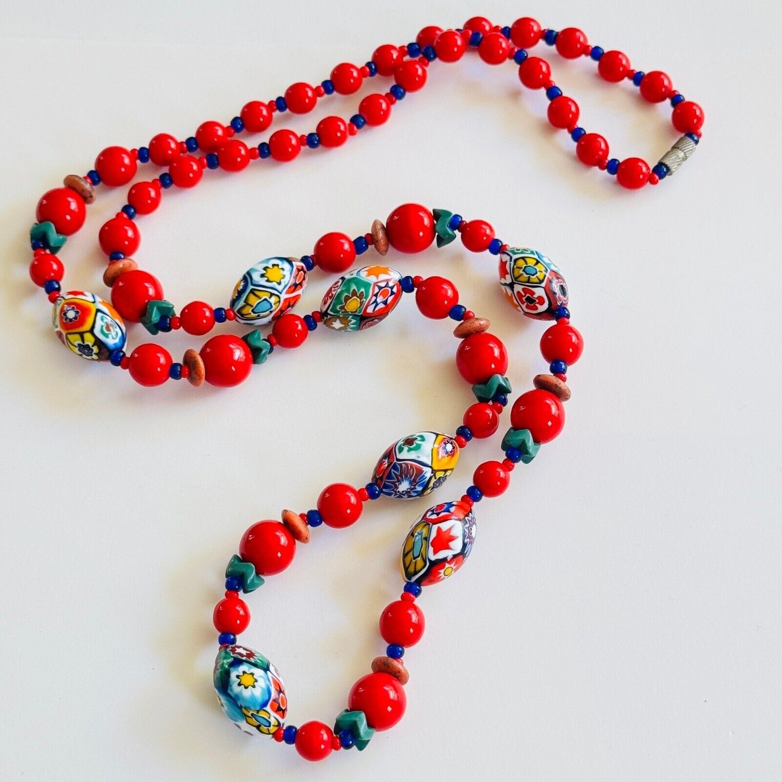 VTG Necklace Venetian red Art Glass Murano Millefiori Beaded Colorful Beads 33