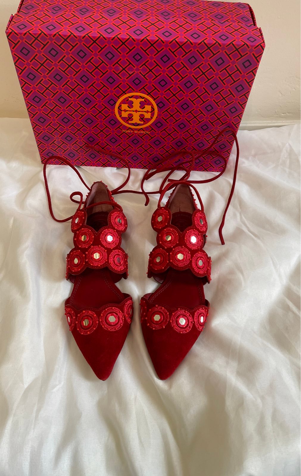 Tory Burch Red Calf Suede Flats