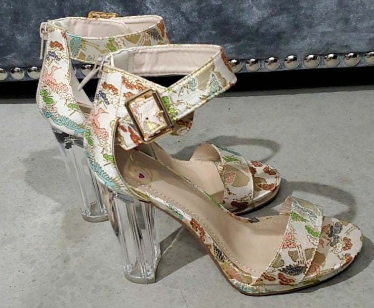Bird Print Ankle Strap Translucent Heels