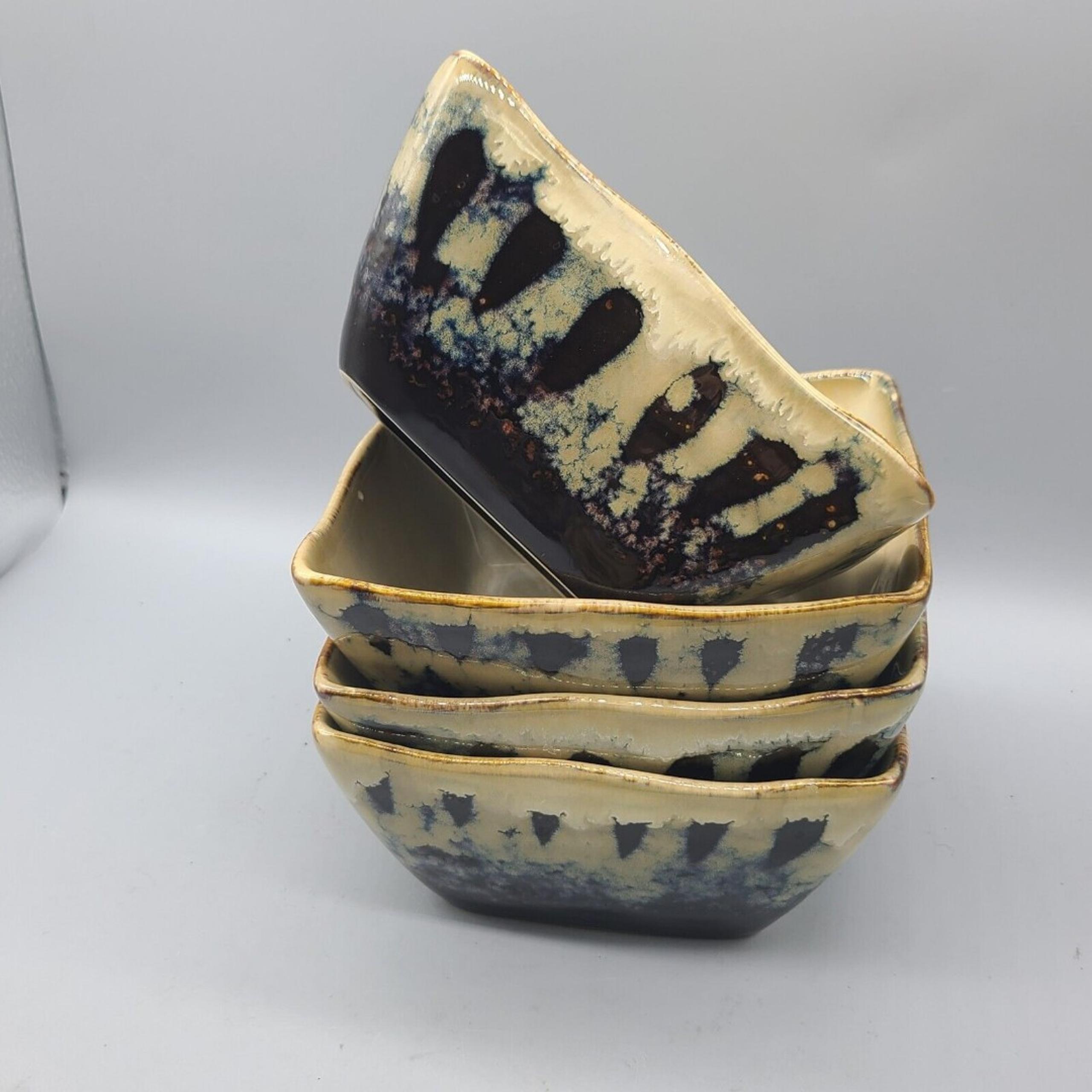 Pier 1 Imports Set Of (4) Bowls Stoneware Serenity Square Yan Blue Black New