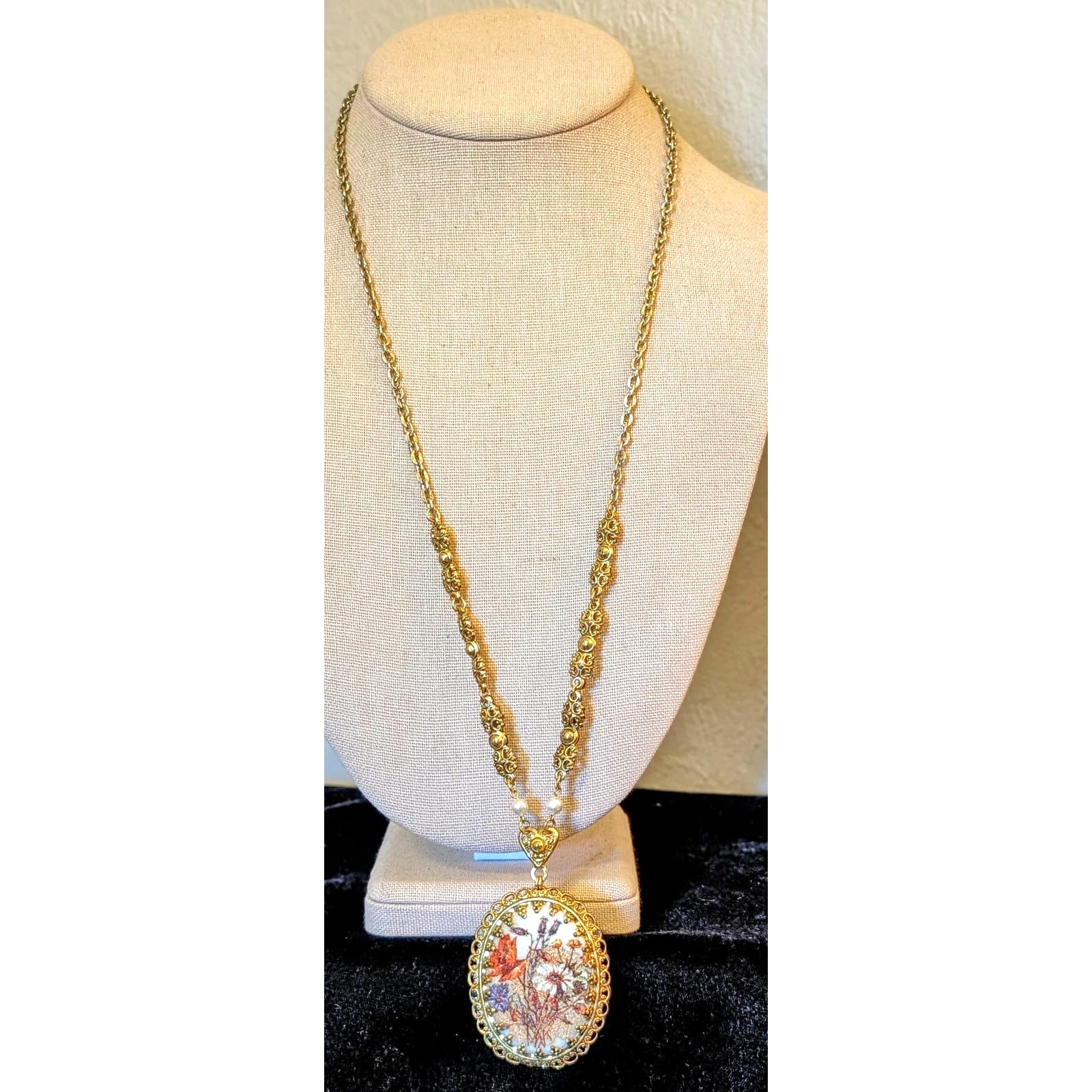 West Germany Vintage 60s Floral Print Sugar Glass Pendant Filigree 25 Necklace