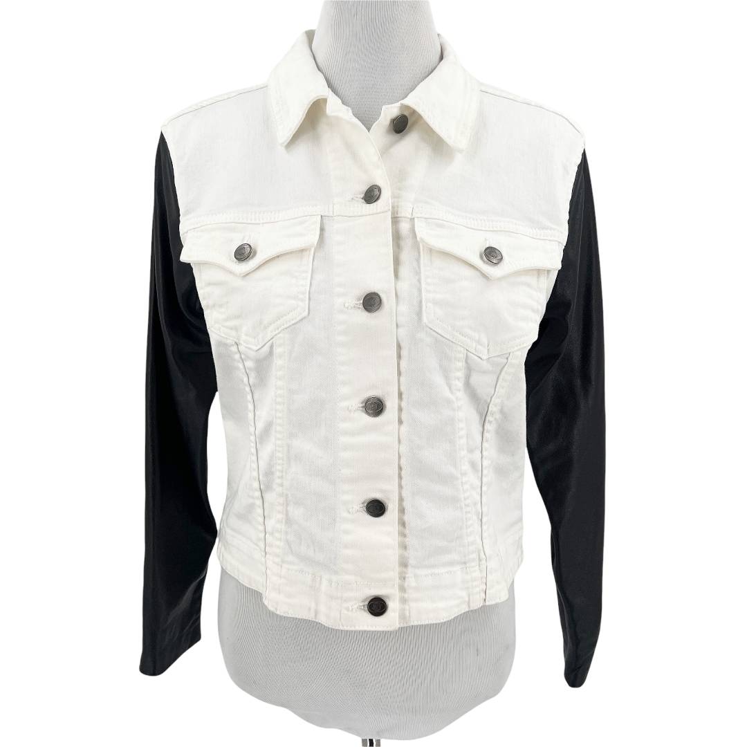 JET John Eshaya White Denim Jean Jacket Lamb Leather Sleeves