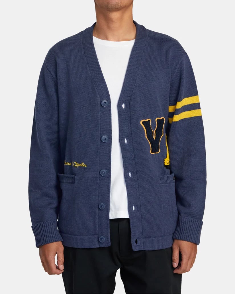 NWT RVCA Varsity Letterman Cardigan Sweater - Moody Blue - L