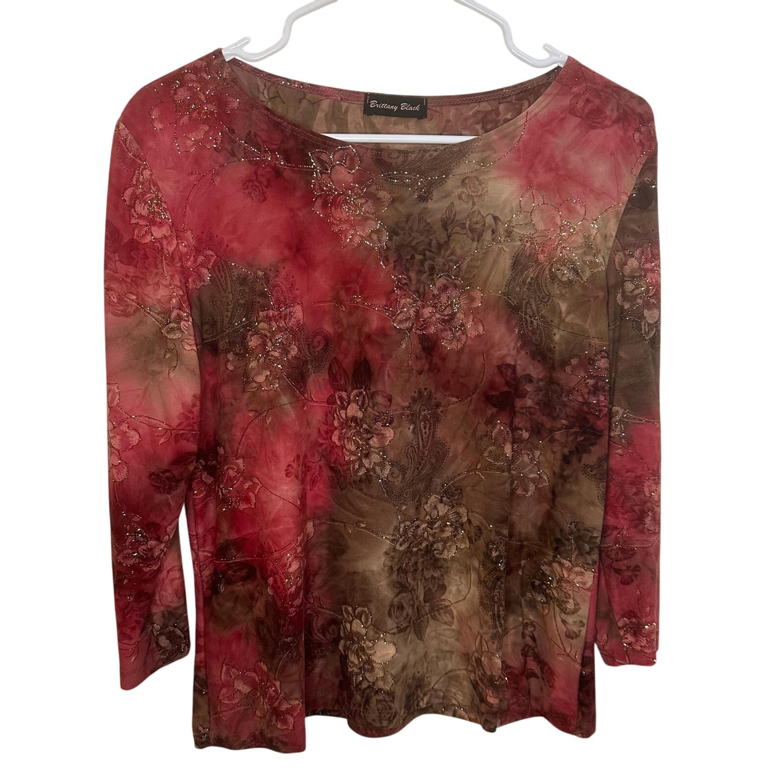 Brittany Black Vintage Red Brown Floral Glitter Sparkle Y2K Stretchy Top Size XL