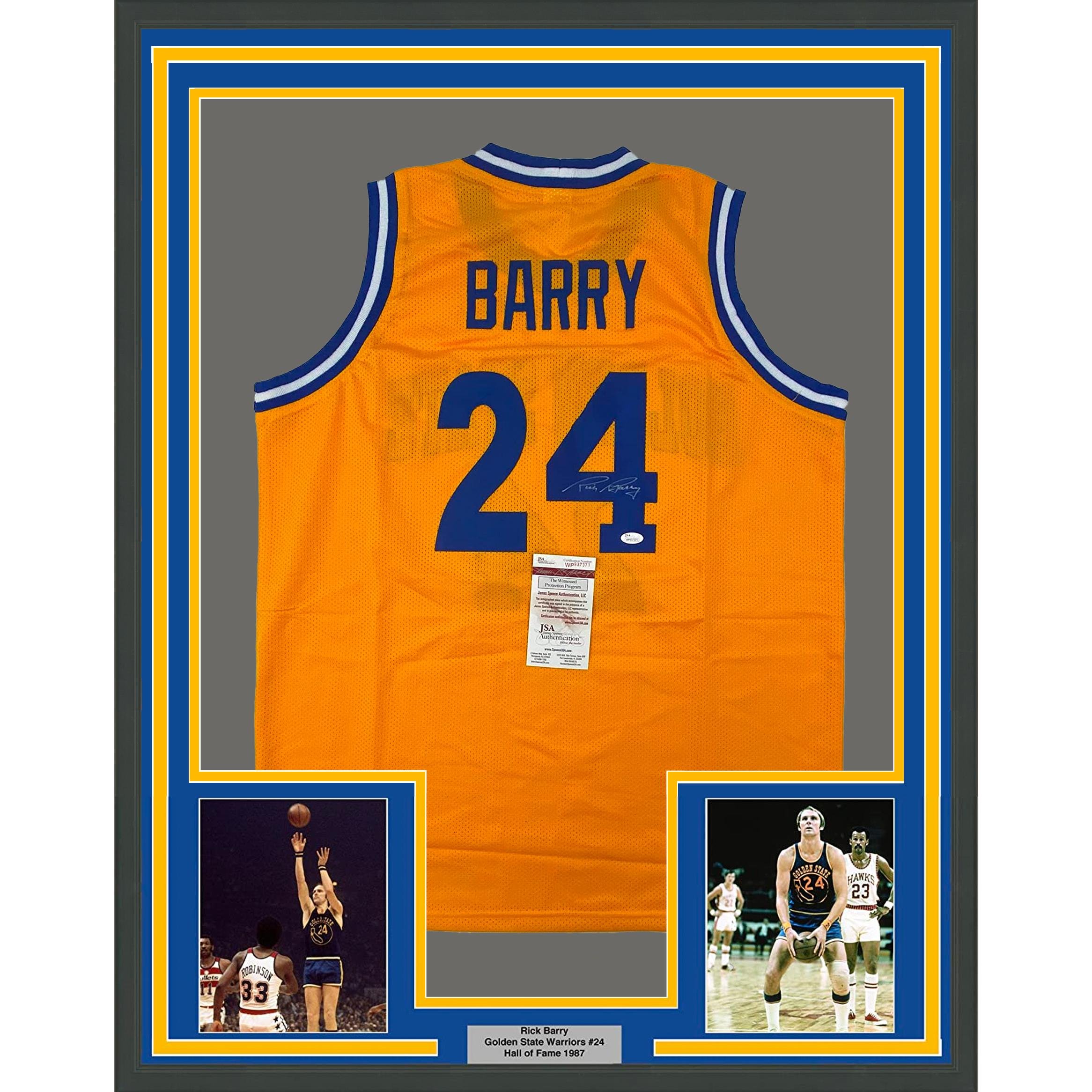 Framed Autographed/Signed Rick Barry 35x39 Golden State Yellow Jersey JSA COA