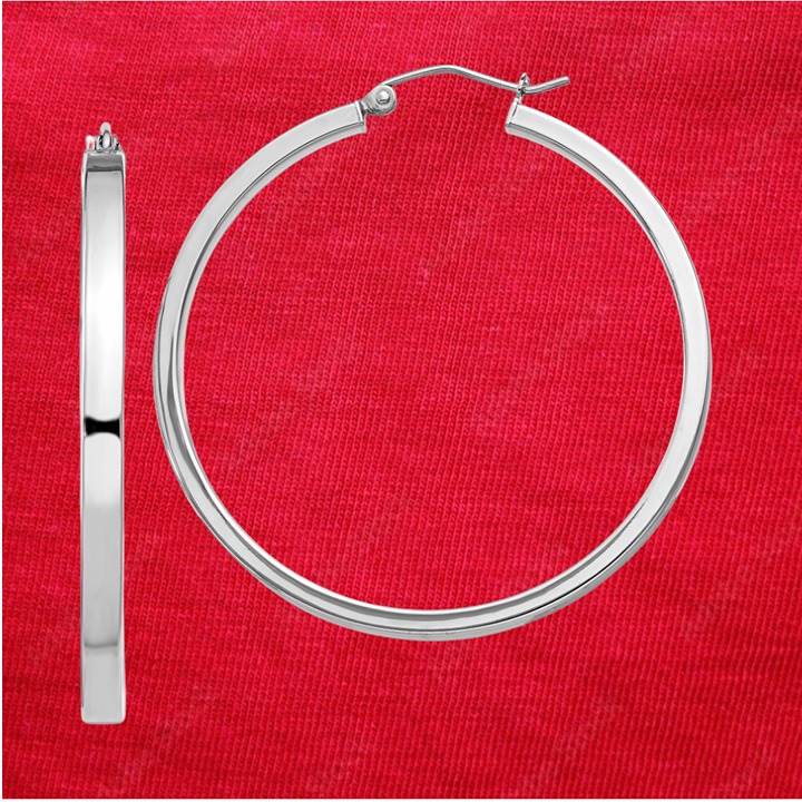 Sterling Silver RH-plated Concave 3x1x40mm Rectangular Tube Hoop Earrings