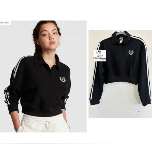 PINK REVERSE FLEECE CROPPED POLO SWEATSHIRT Medium The Takeaway: Puts some prep