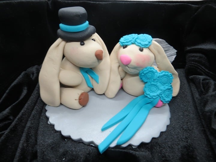 Long earred bunny bride & groom / wedding anniversary cake topper