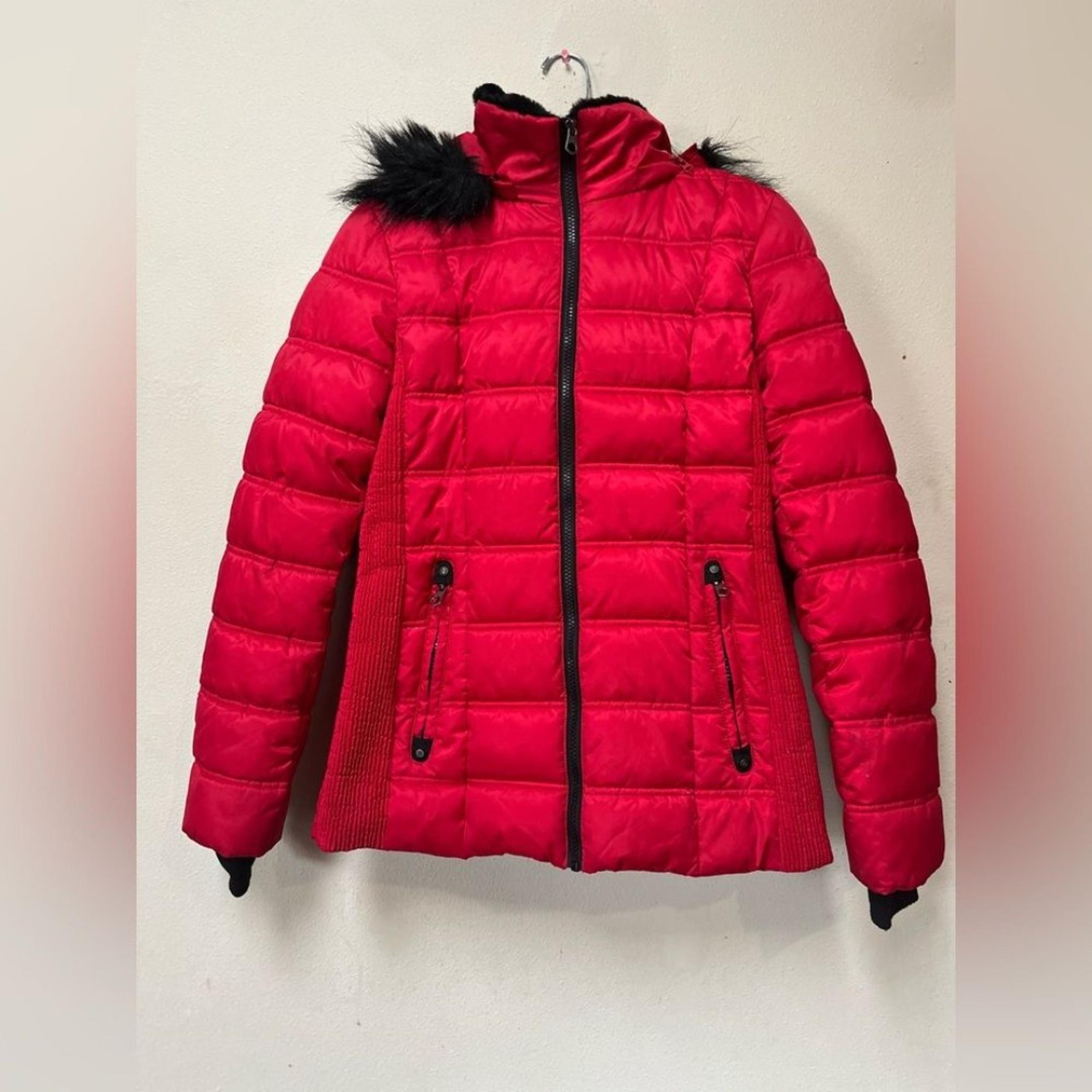 Náutica Women’s Red Quilted Puffer Faux Fur Hooded Winter Coat Size Small