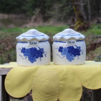 VTG (2) Kitchen wall pockets with lid CREAM and SUGAR both are blue, white