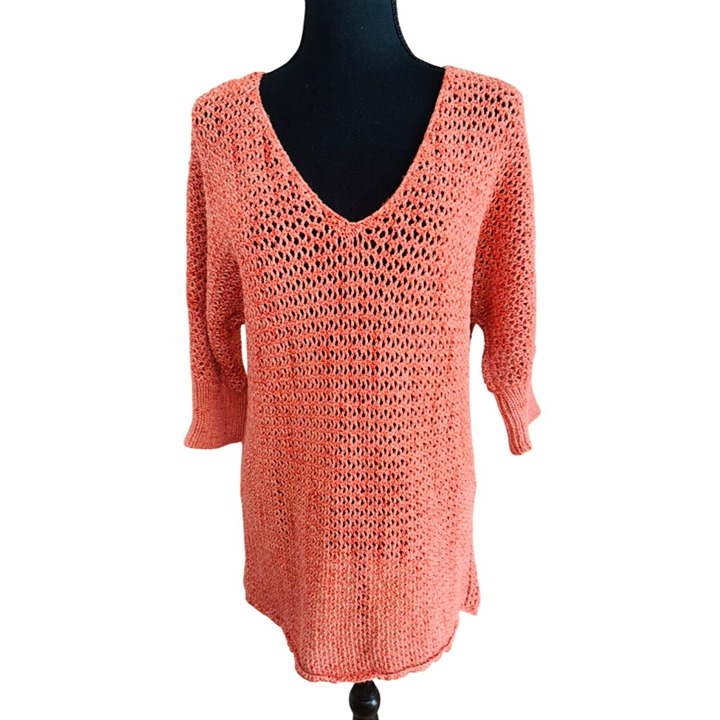 Sundance Loose Knit Coral V-Neck Sweater Tunic 3/4 Sleeve Boho Cottage Core CIty