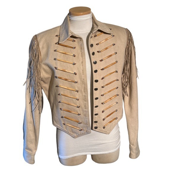 Double D Ranch Western Denim Horn Bone Detail Fringe Size Small