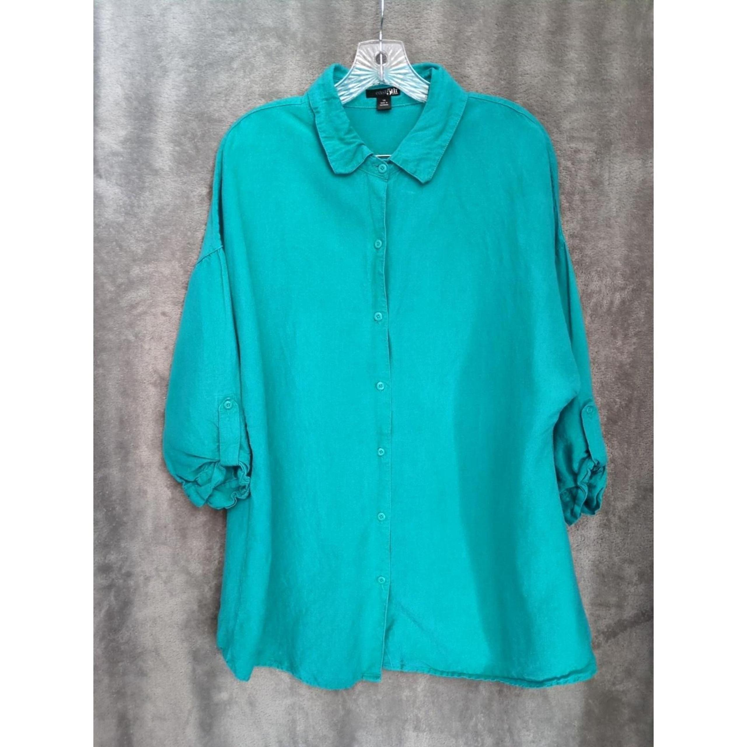 East 5th Top Womens 1X Full Button Up Linen Blend Blue Turquoise