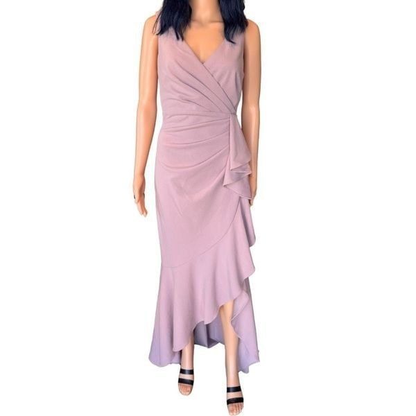 249 NWT Betsy & Adam V-Neck Cascade Ruffle High Low Gown Size 10 Mauve