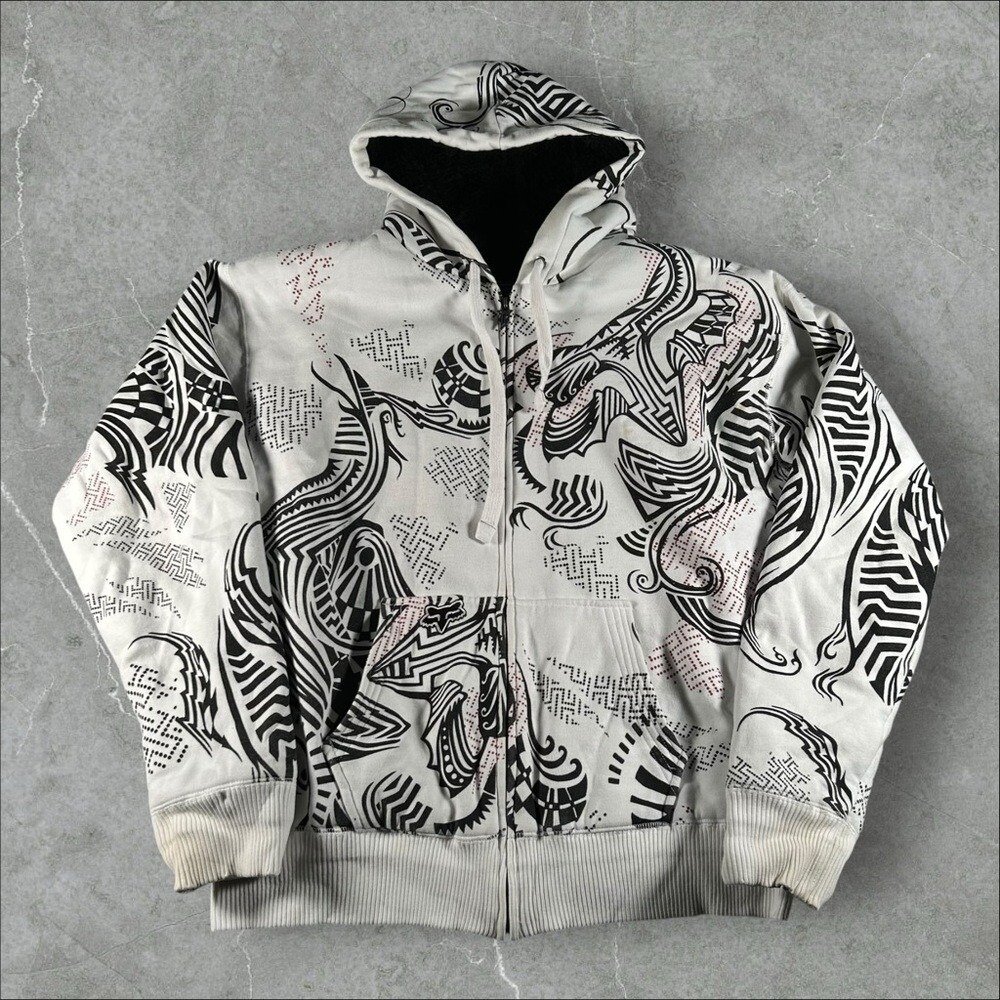 Fox Racing Hoodie Mens XL White Y2K Grunge AOP Sasquatch Hoody Sherpa Skater 00s