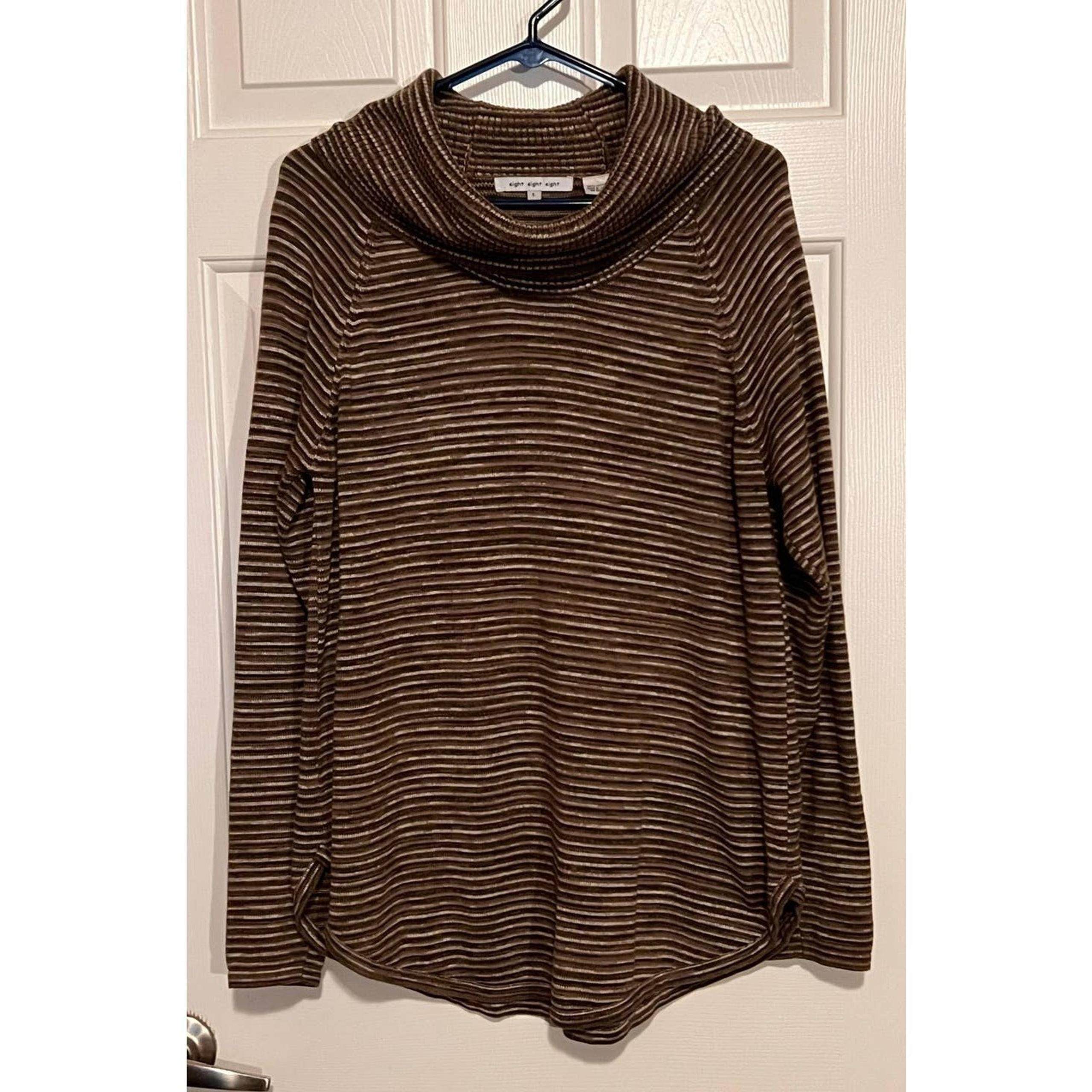 Eight Eight Eight Green Brown White Cowl Neck Pullover Sweater Size L 26" Long