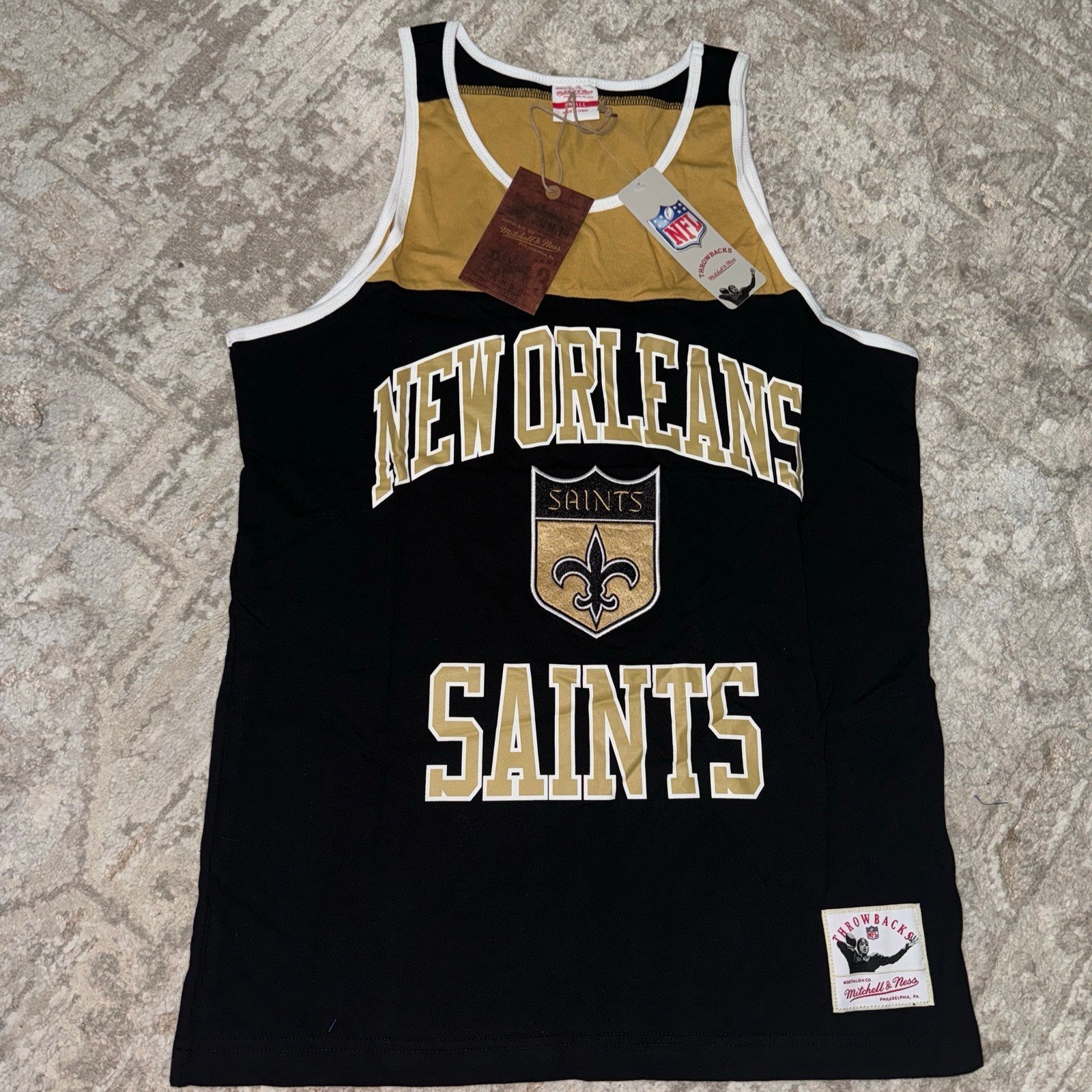 New Orleans Saints Mitchell & Ness NFL Tank Top Embroidery Felt Art NWT