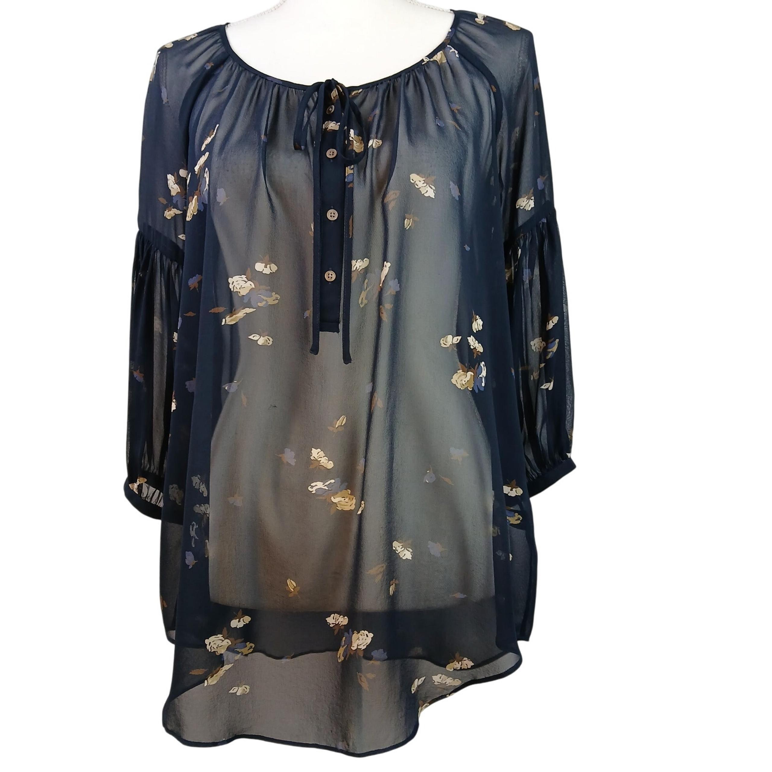 SZ XS 100% Silk Sheer Navy Blue Floral Blouse 4-Button Ties 00401299 - Club Monaco