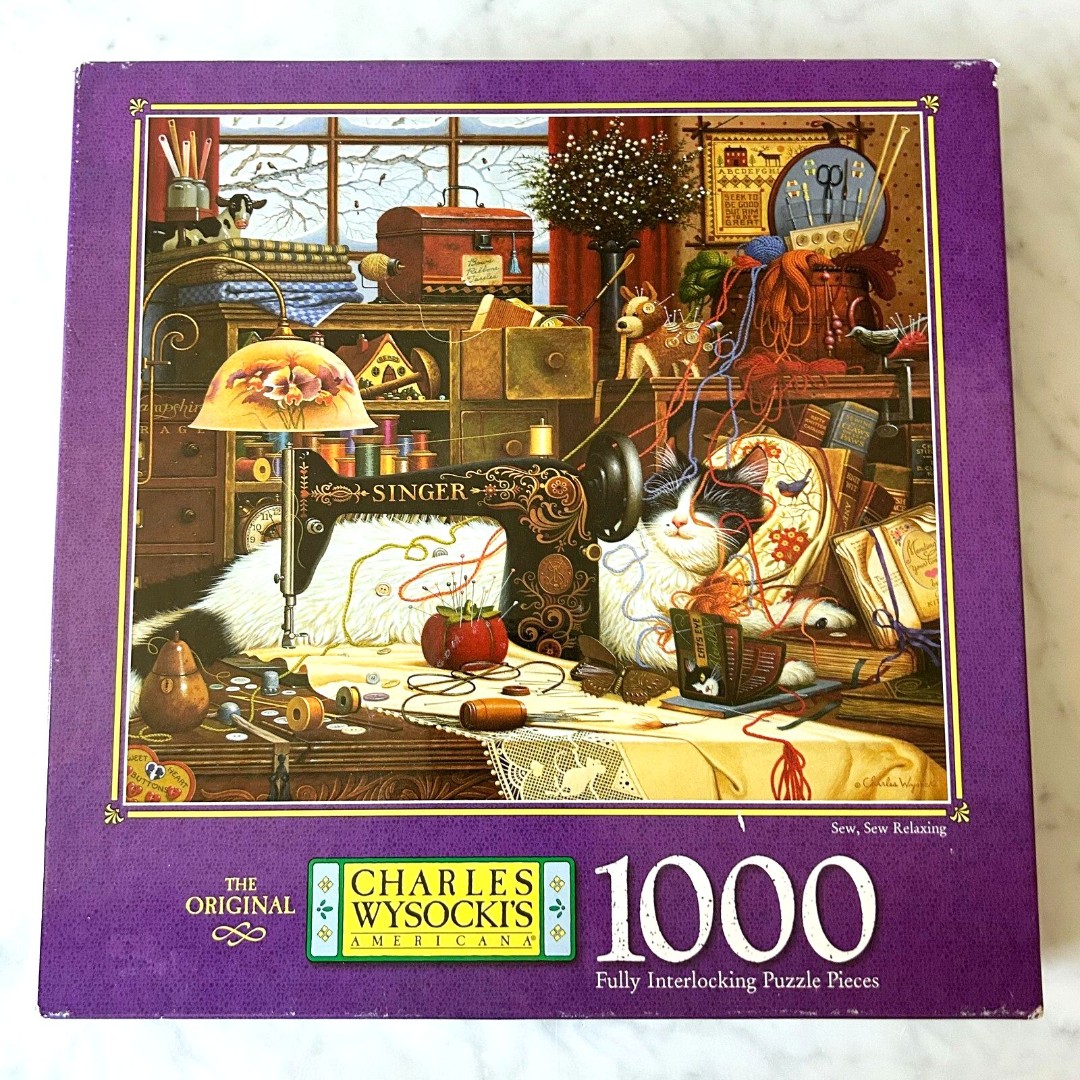 Vintage 1998 Sew, Sew Relaxing Charles Wysocki 1000 Piece Cat Puzzle - Complete