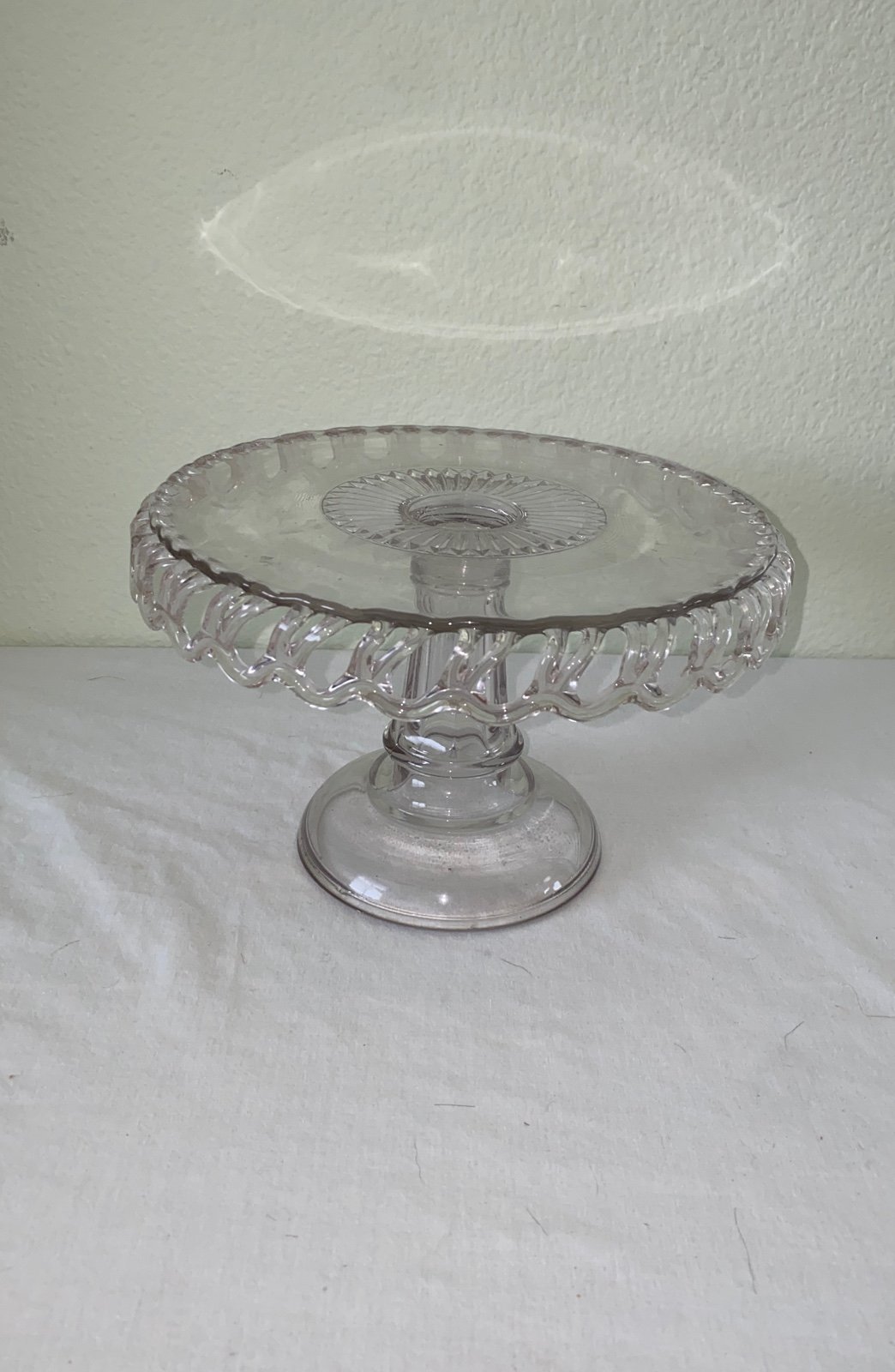 Antique Clear Glass Pedestal Cake Stand Open Work Lace Apron w/Scalloped Edge