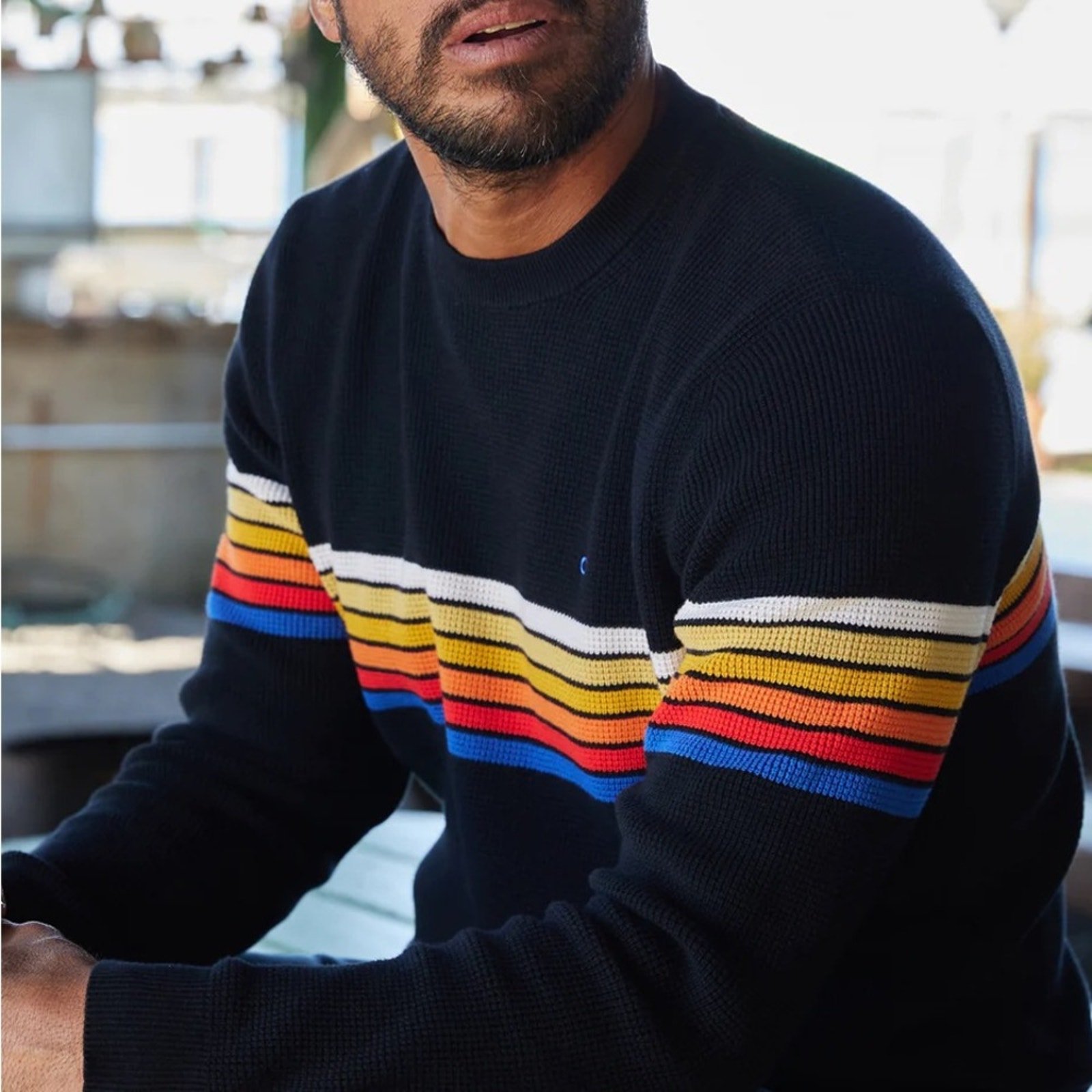 Outerknown Nostalgic Rainbow Stripe Black Knit Pullover Sweater Sz S
