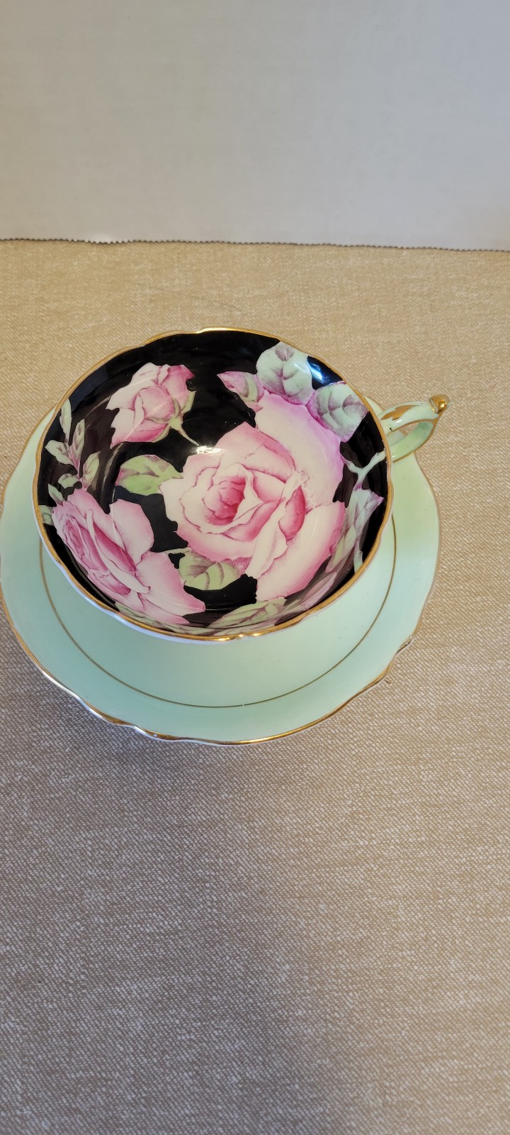 Rare Vintage Paragon Mint Green Cabbage Rose Teacup & Saucer