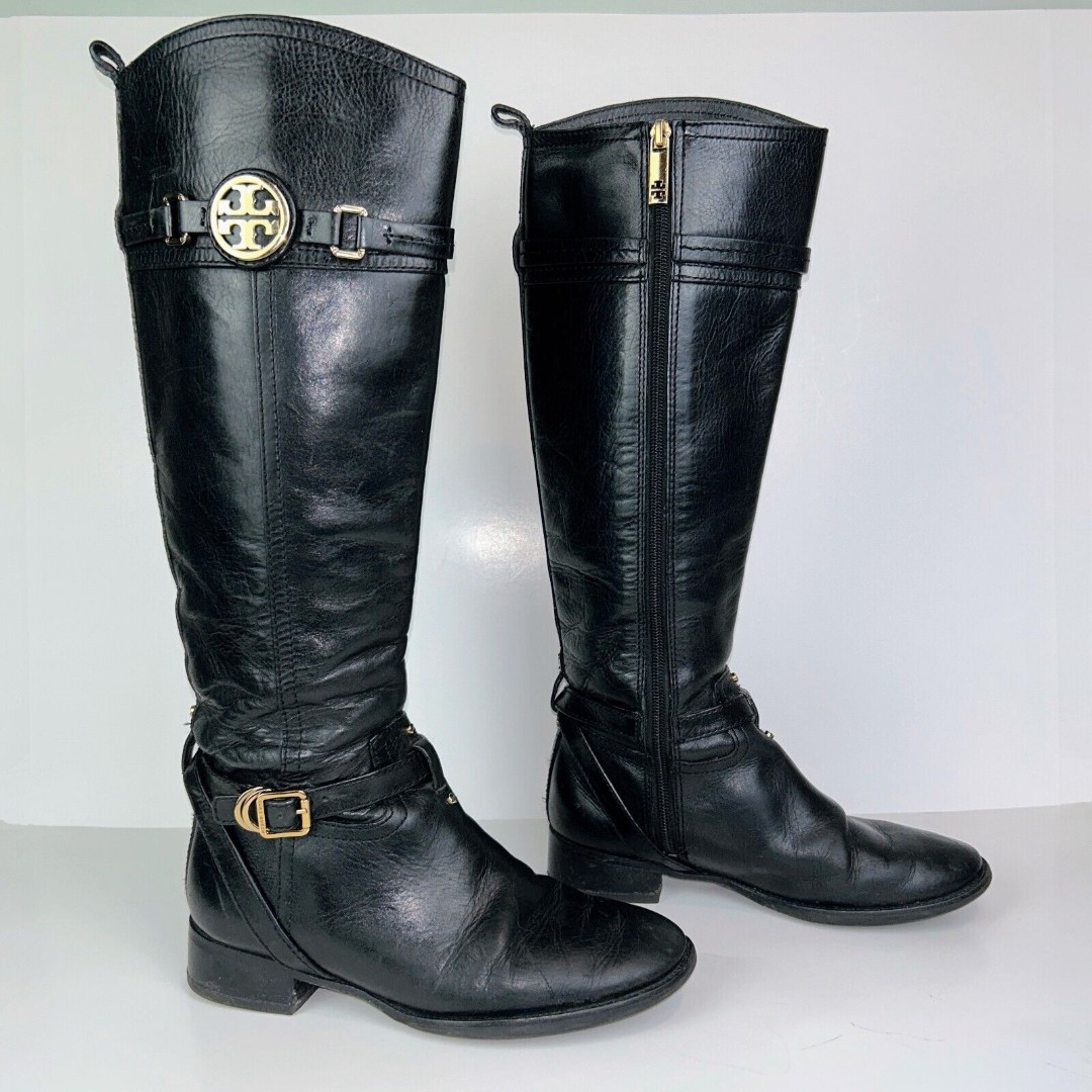 Tory Burch Calista Black Leather Knee High Riding Boots Gold Buckle Women's 6
