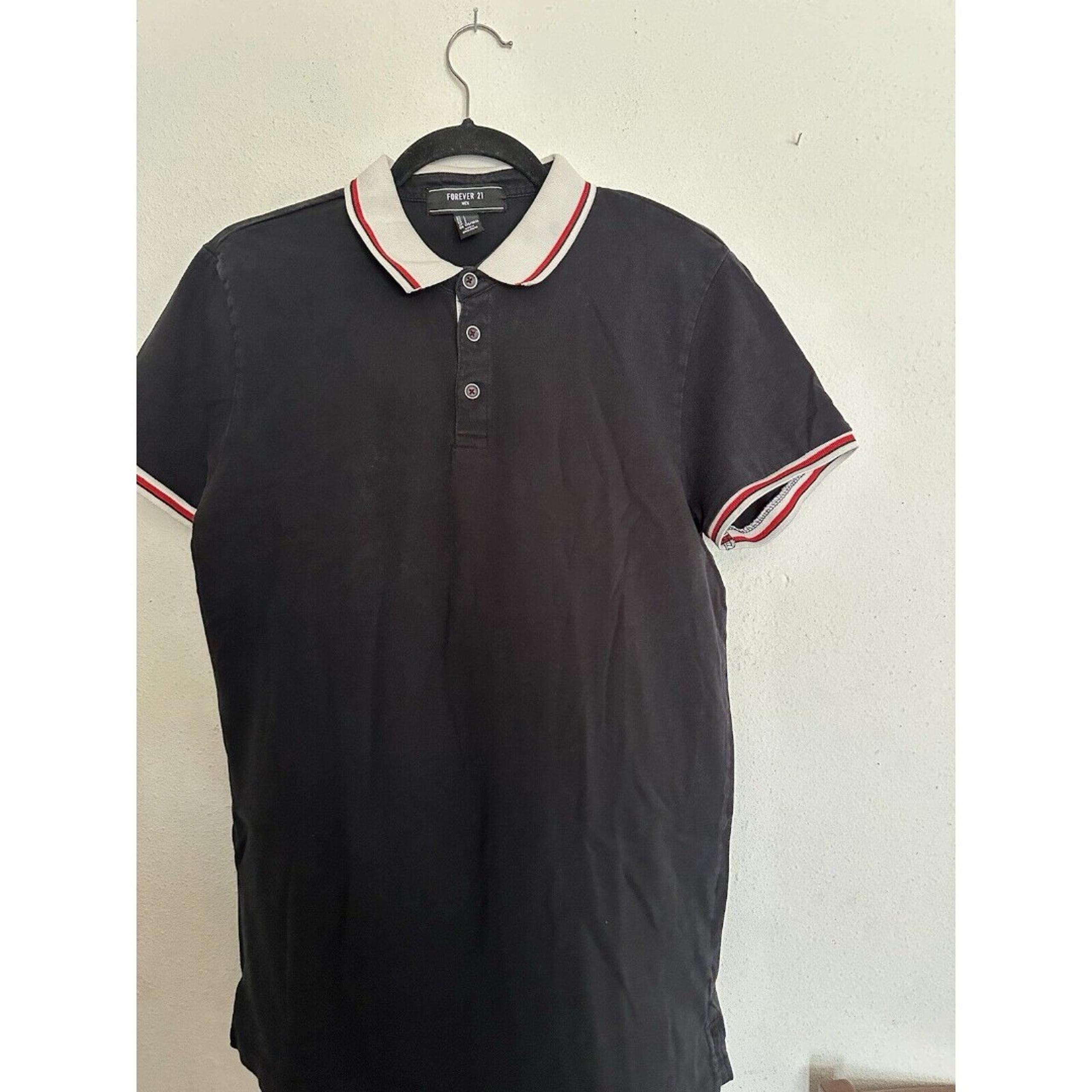 Forever 21 Men’s Polo Shirt Black 100% Cotton, Stripe Trim, Black Size L