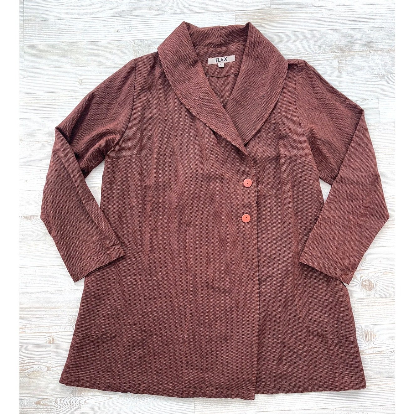 Flax Wool Blend Long Knit Cardigan Jacket | Brown Large