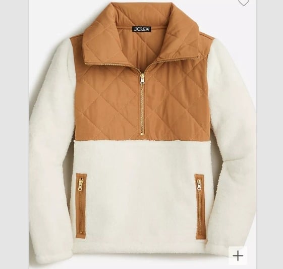 J.Crew Women's M Quilted Sherpa Fleece Half Zip Pullover Camel Cream Ivory Gold