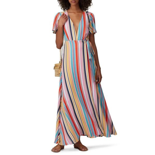 Louna Meghan Striped Multicolor Maxi Wrap Dress Size Small RTR Chic & Flowy