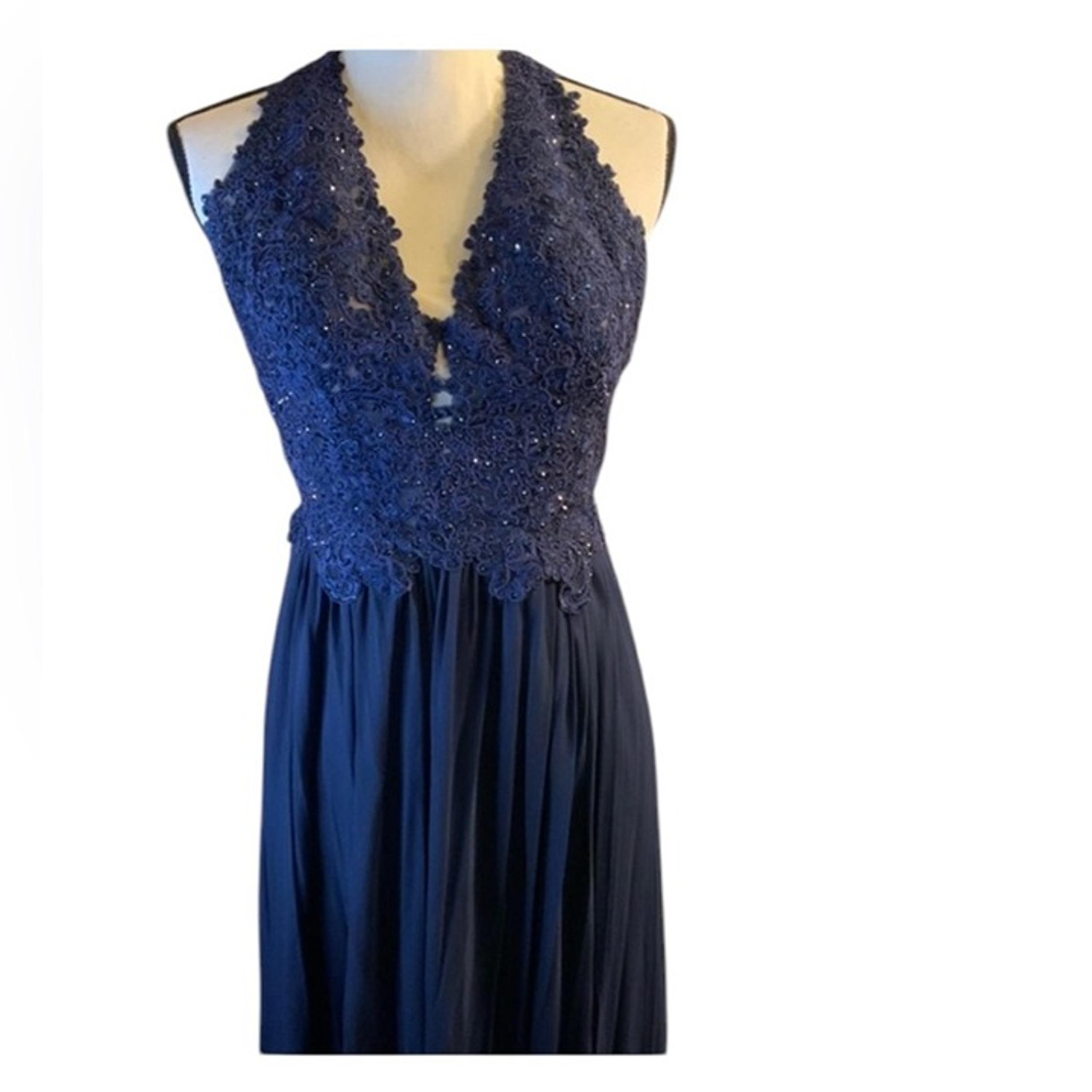 Sherri Hill Navy Blue Lace Halter Sparkle Chiffon Long Maxi Prom Gown Size 4