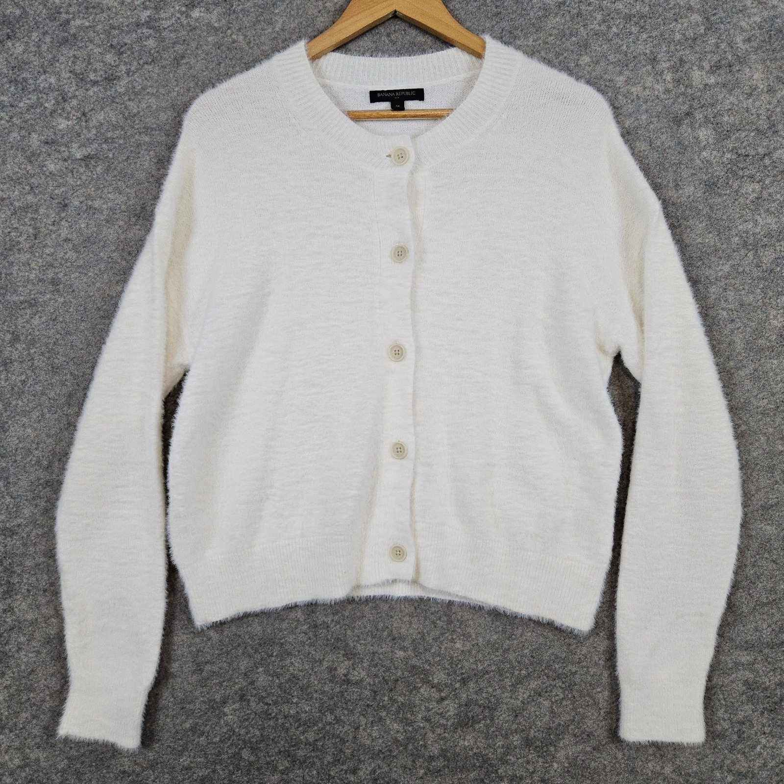 Banana Republic Women's Ivory Fuzzy Cardigan Sweater Size M Nylon/Cotton Cozy