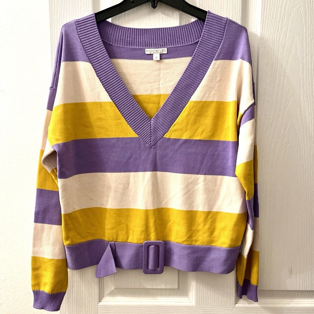 New York & Company Eva Mendes V Neck Sweater XL Purple Yellow Cream Stripes