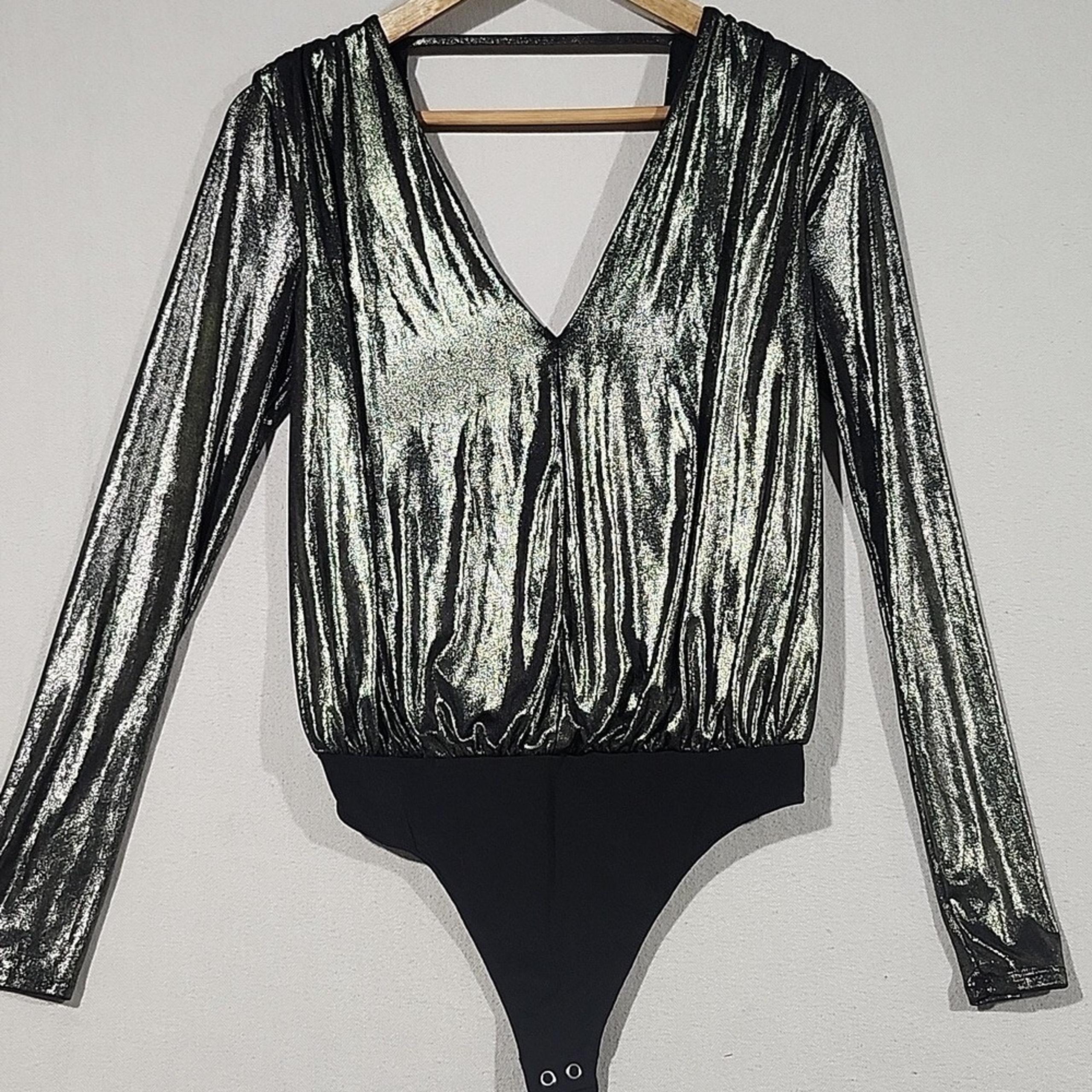 Express Metallic Muted Gold Vneck Long Sleeve Bodysuit Womens Size Small