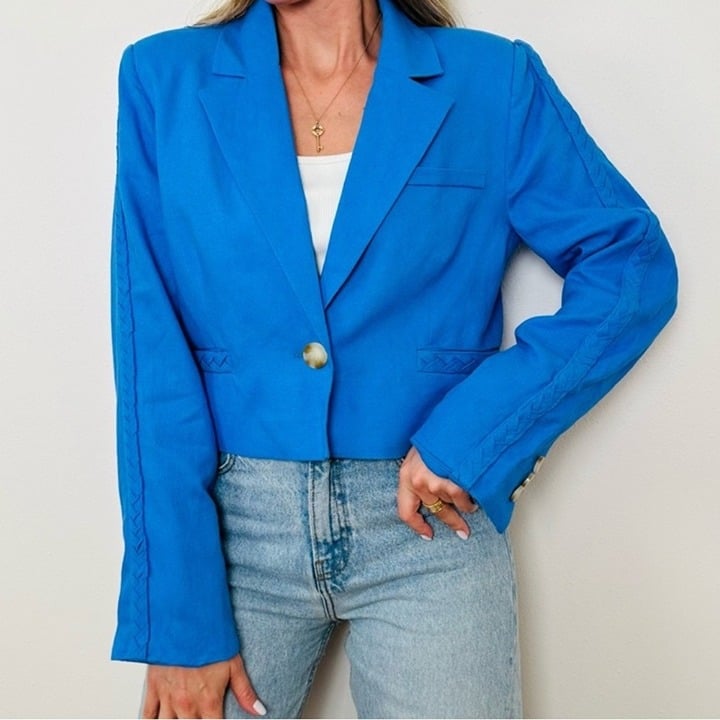 Jason Wu Womens Blue Linen Cropped Blazer Jacket Braided Trim Size Medium