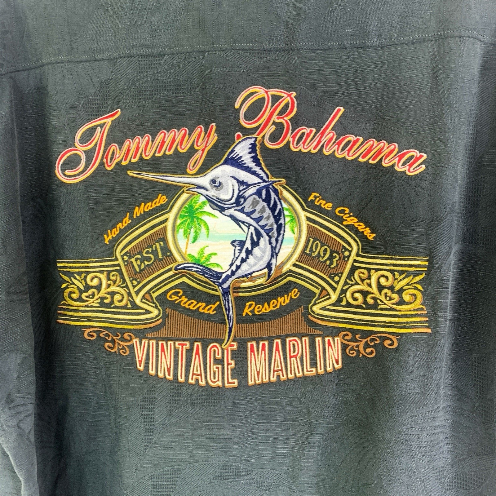 Tommy Bahama Vintage Marlin Cigars Embroidered Silk Camp Shirt Size Large