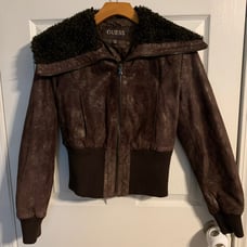 Guess Brown Gold Genuine Leather Bomber Style Jacket with Brown Sherpa Collar